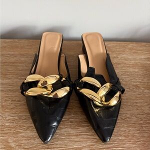 Black Pointed Toe Slip-On Mules with Gold Chain Accent